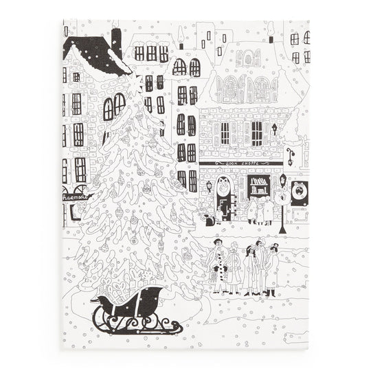 A black-and-white illustration of a snowy town square with shops, festive decor, a Christmas tree, and four people features in the Joy Laforme Christmas Square 9 x 12 Paint by Number Kit by Joy Laforme.
