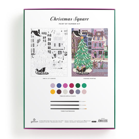 The back of the Joy Laforme Christmas Square 9 x 12 Paint by Number Kit box shows a black-and-white outline and the finished festive scene—ideal for festive holiday decor from renowned artist Joy Laforme.