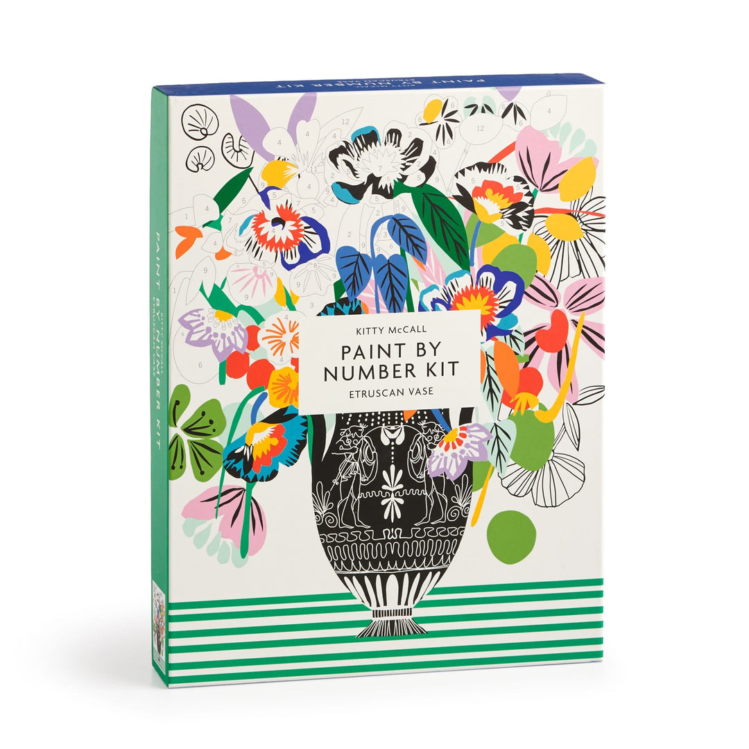 The Kitty McCall Etruscan Vase 9 x 12" Paint by Number Kit features a vibrant box with an illustrated black Etruscan vase filled with colorful, stylized flowers and leaves set against green stripes and abstract floral patterns.