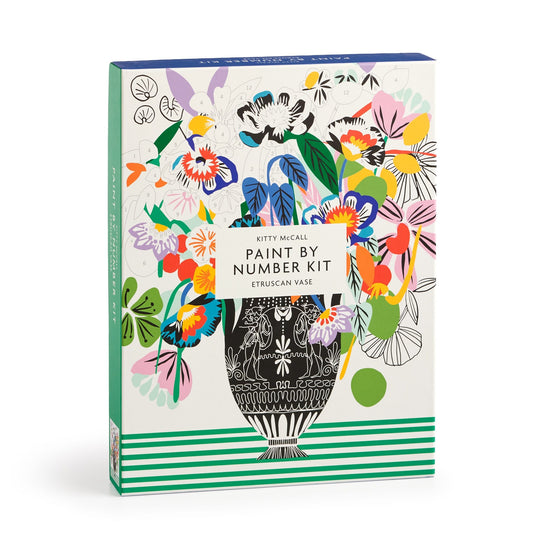 The Kitty McCall Etruscan Vase 9 x 12" Paint by Number Kit features a vibrant box with an illustrated black Etruscan vase filled with colorful, stylized flowers and leaves set against green stripes and abstract floral patterns.
