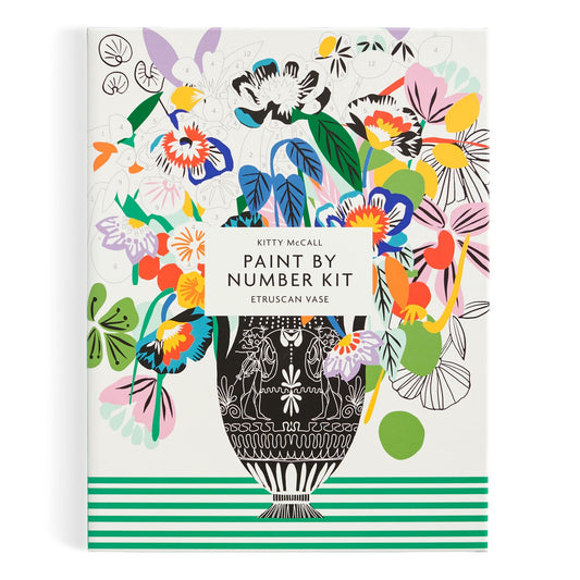 The Kitty McCall Etruscan Vase 9 x 12" Paint by Number Kit features a vibrant illustrated bouquet in a black and white vase with bold flowers and green stripes. The kit is by brand Kitty McCall.