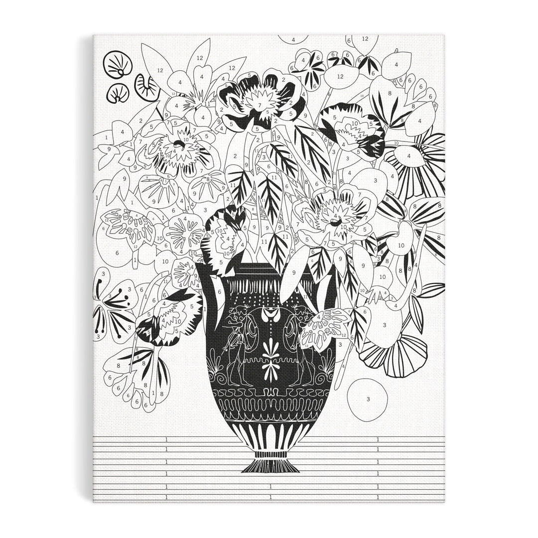 The Kitty McCall Etruscan Vase 9 x 12" Paint by Number Kit features a black and white illustration of a patterned vase filled with flowers and leaves, with numbered sections for easy painting.