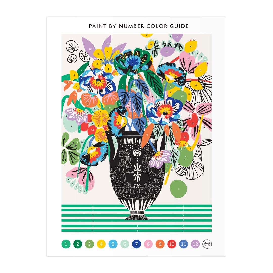 The Kitty McCall Etruscan Vase 9 x 12" Paint by Number Kit features a black vase filled with bold, abstract florals and leaves, numbered color circles below, and a grid to match sections for easy painting.