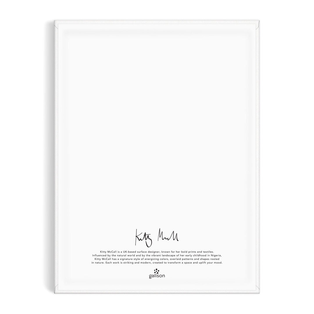 A white rectangular frame with a mostly blank page inside. At the bottom center, there's a short printed bio, a signature, and the Kitty McCall logo from the Etruscan Vase 9 x 12" Paint by Number Kit.