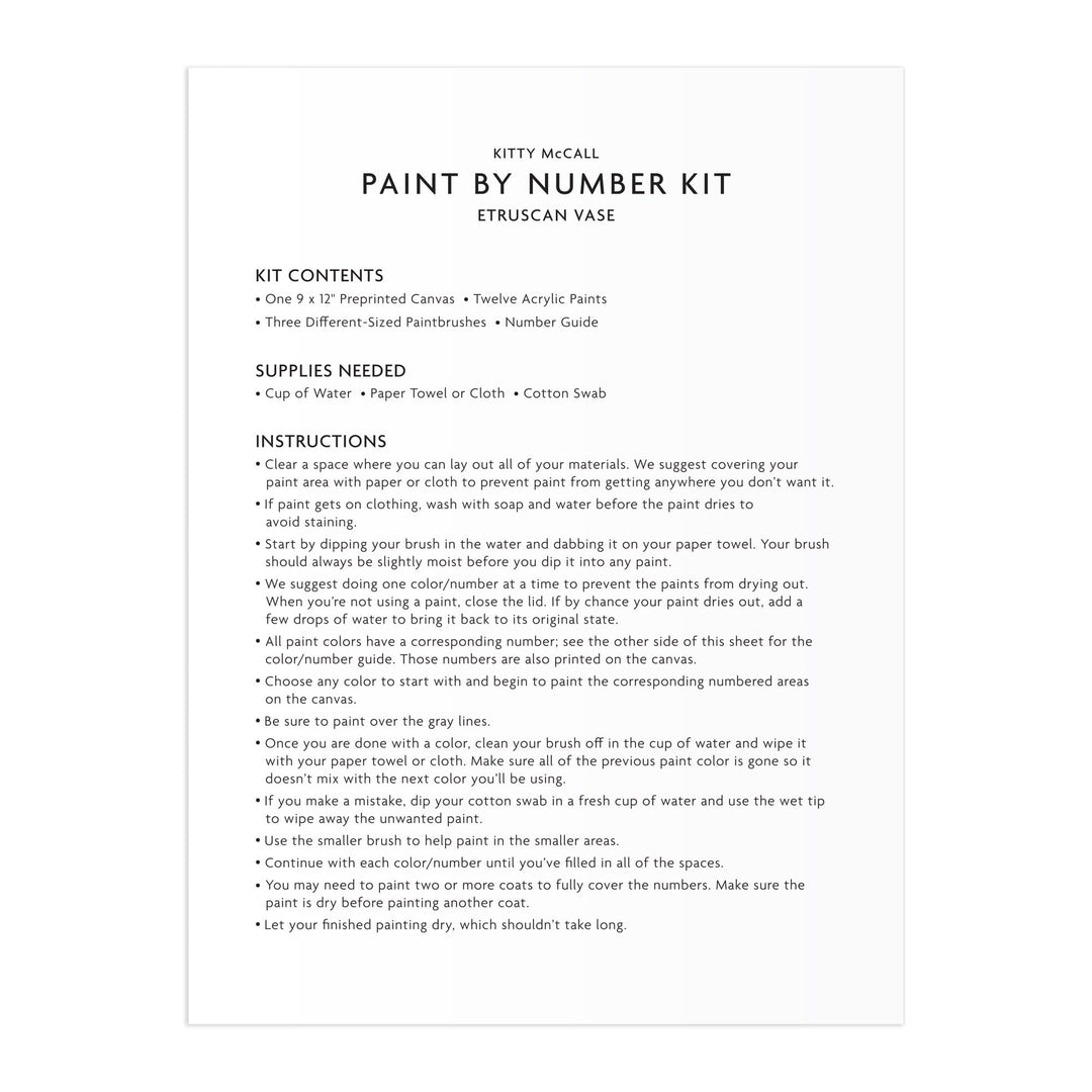 The Kitty McCall Etruscan Vase 9 x 12" Paint by Number Kit instruction sheet lists kit contents, required supplies, and step-by-step directions in plain black text on a white background.