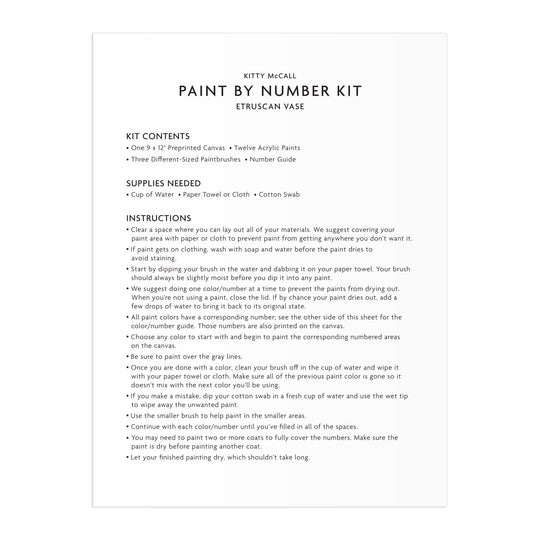 The Kitty McCall Etruscan Vase 9 x 12" Paint by Number Kit instruction sheet lists kit contents, required supplies, and step-by-step directions in plain black text on a white background.