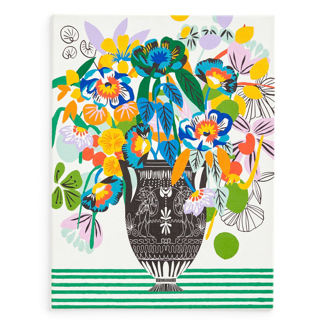 Colorful illustration from Kitty McCall Etruscan Vase 9 x 12" Paint by Number Kit features a black vase with intricate patterns, vibrant flowers, and green leaves, set on a white background with green stripes. Brand: Kitty McCall.