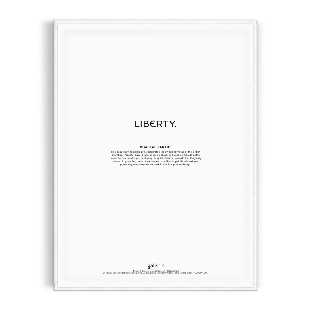 A white rectangular poster for the Liberty Coastal Parade 9 x 12" Paint by Number Kit features "LIBERTY." in bold capitals at the center, "COASTAL PARADE" and a paragraph below, with Liberty London in small print at the lower edge.