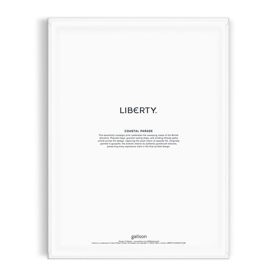 A white rectangular poster for the Liberty Coastal Parade 9 x 12" Paint by Number Kit features "LIBERTY." in bold capitals at the center, "COASTAL PARADE" and a paragraph below, with Liberty London in small print at the lower edge.