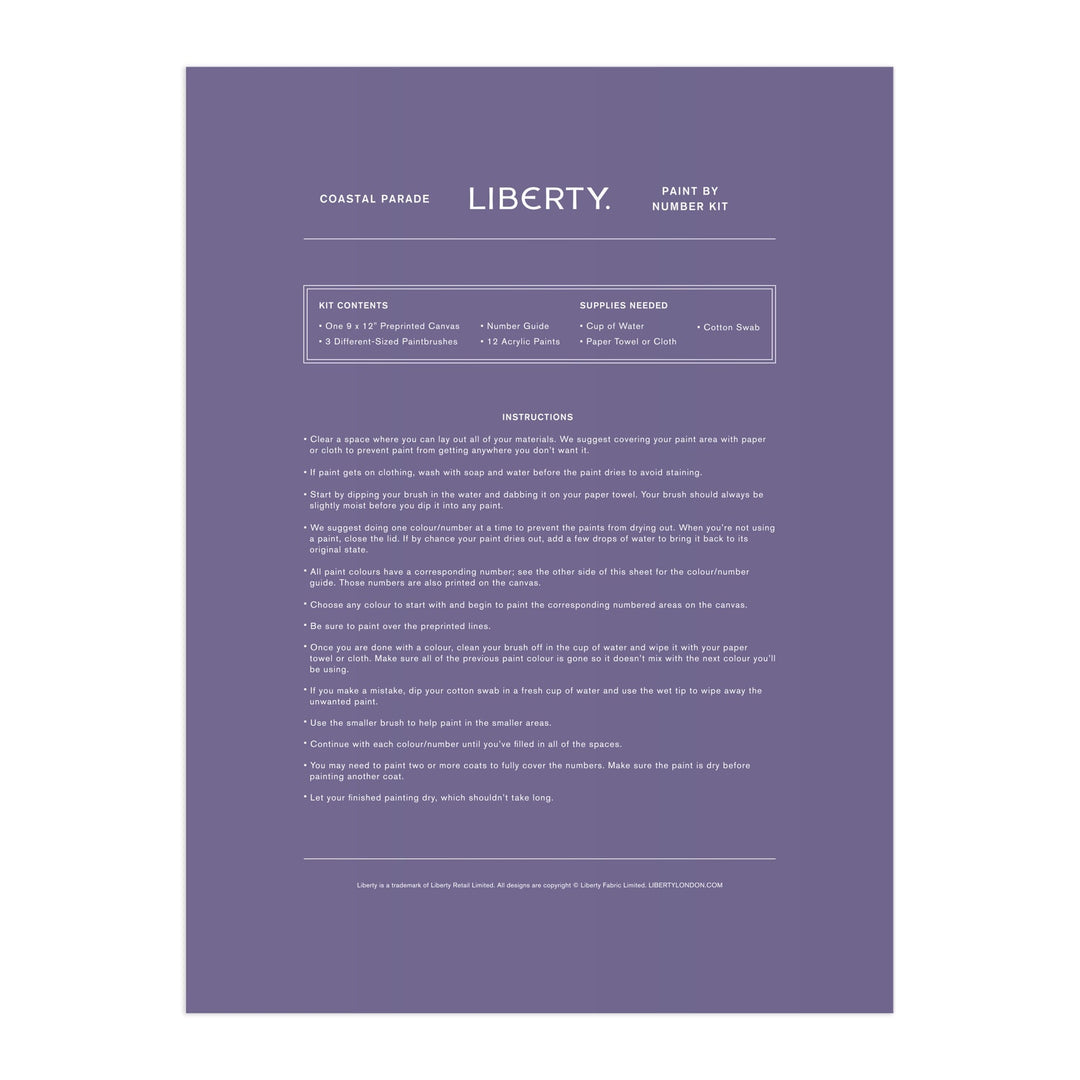 A purple sheet displays instructions for the Liberty London Coastal Parade 9 x 12" Paint by Number Kit, listing kit contents, needed supplies, and step-by-step painting directions in white text.