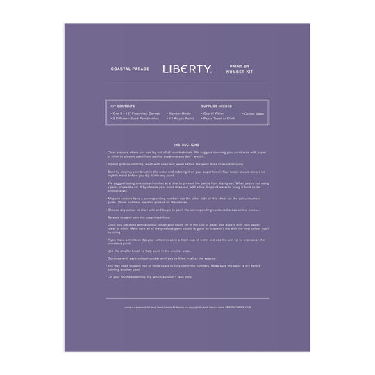 A purple sheet displays instructions for the Liberty London Coastal Parade 9 x 12" Paint by Number Kit, listing kit contents, needed supplies, and step-by-step painting directions in white text.