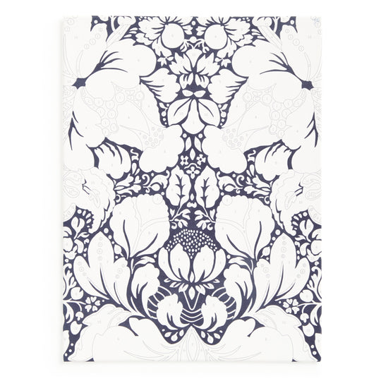 The Liberty London 9 x 12 Paint by Number Kit Glastonbury features a detailed black and white floral design with symmetrical, stylized flowers and leaves, inspired by classic Glastonbury patterns for a decorative, premium look.