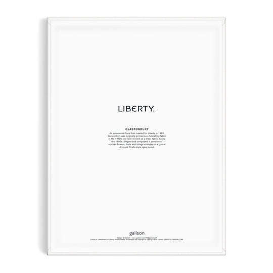 A white poster featuring “LIBERTY.” in bold black letters, a Glastonbury design description beneath, and the Liberty London logo at the bottom. Inspired by Liberty 9 x 12 Paint by Number Kit Glastonbury.
