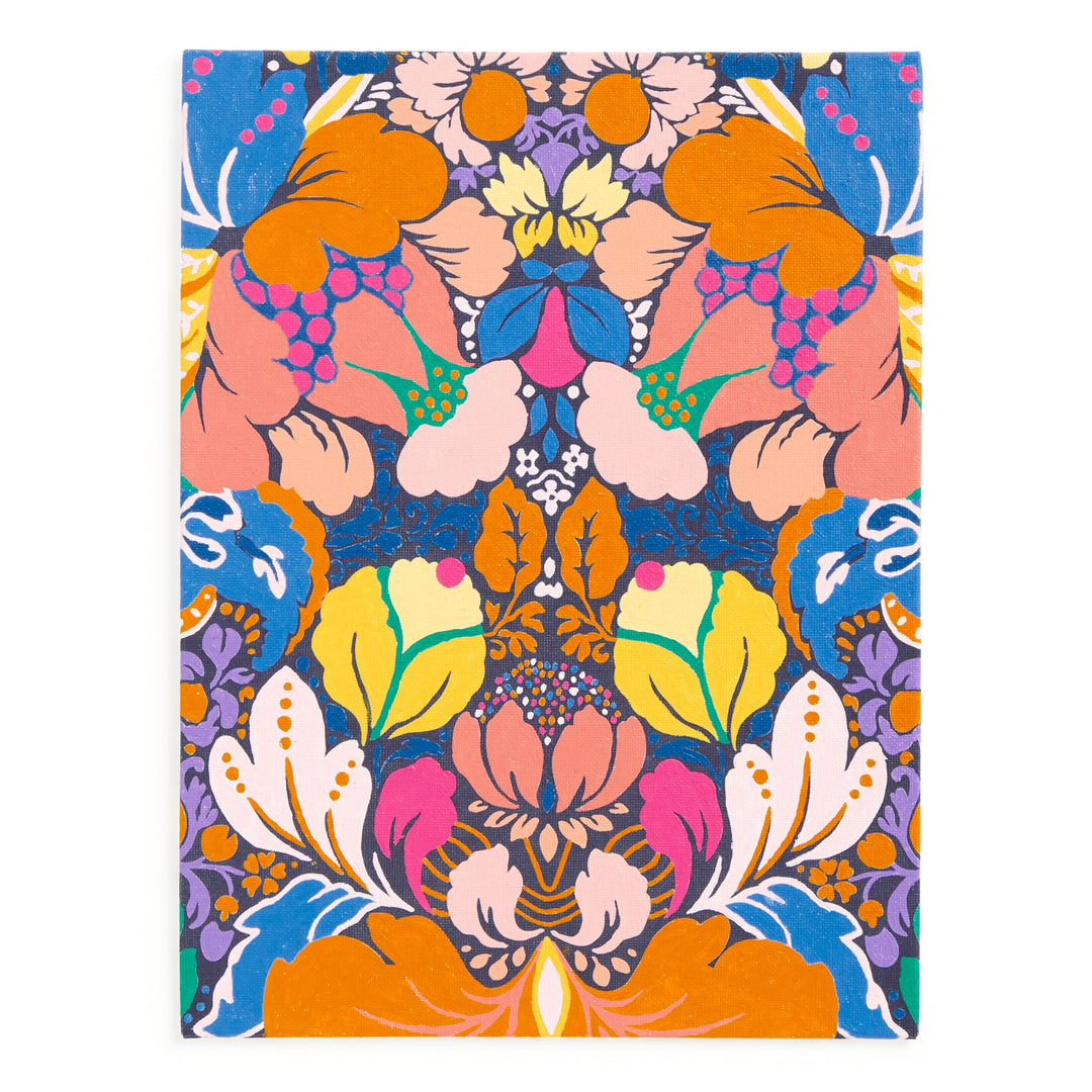 Create a vibrant, symmetrical floral masterpiece with the Liberty London Liberty 9 x 12 Paint by Number Kit Glastonbury, featuring intricate leaf and flower patterns in bold orange, yellow, pink, blue, and purple on white.
