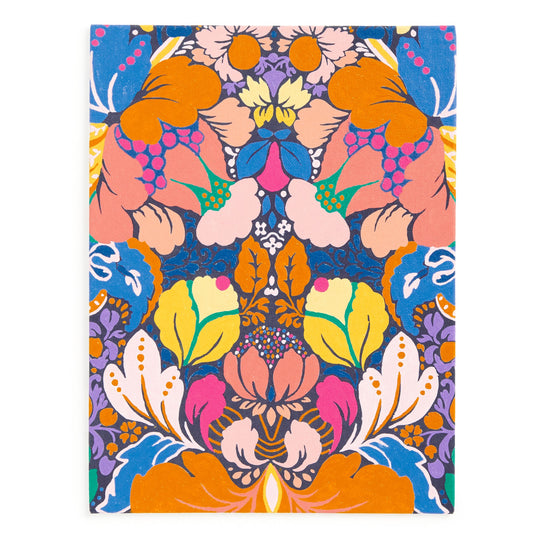 Create a vibrant, symmetrical floral masterpiece with the Liberty London Liberty 9 x 12 Paint by Number Kit Glastonbury, featuring intricate leaf and flower patterns in bold orange, yellow, pink, blue, and purple on white.