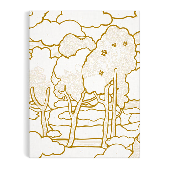The Liberty Prospect Road 9 x 12 Paint by Number Kit by Liberty London features an abstract line drawing of stylized trees, clouds, and hills in golden yellow on white, evoking liberty and perfect for creative painting.