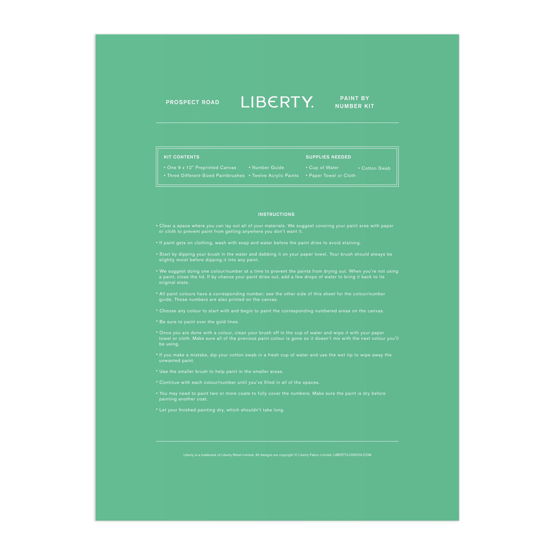 A green instruction sheet for the Liberty London Prospect Road 9 x 12 Paint by Number Kit lists kit contents, required supplies, and step-by-step painting instructions in centered white text.