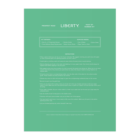 A green instruction sheet for the Liberty London Prospect Road 9 x 12 Paint by Number Kit lists kit contents, required supplies, and step-by-step painting instructions in centered white text.