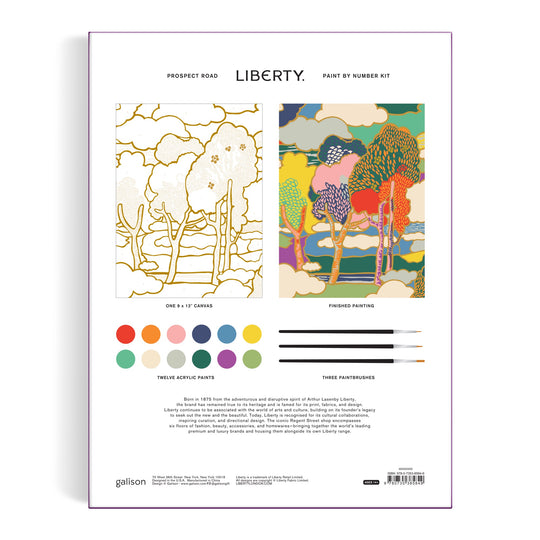 The image shows the back of the Liberty London Liberty Prospect Road 9 x 12 Paint by Number Kit, featuring an outlined canvas, a sample scene with colorful trees and clouds, twelve paint colors, three brushes, and a product description.
