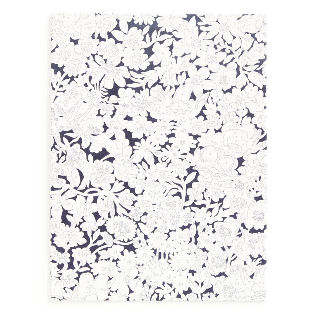 The Liberty London 9 x 12 Paint by Number Kit Thorpe features a detailed black-and-white floral design inspired by the Liberty textile archive, with dense flower and leaf outlines covering the sheet.