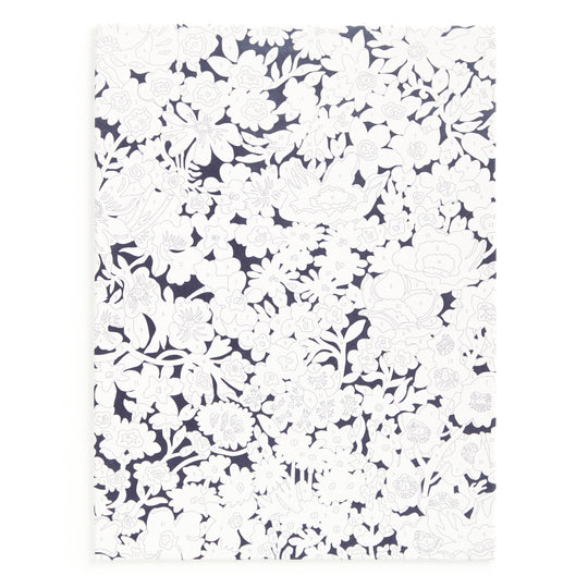 The Liberty London 9 x 12 Paint by Number Kit Thorpe features a detailed black-and-white floral design inspired by the Liberty textile archive, with dense flower and leaf outlines covering the sheet.