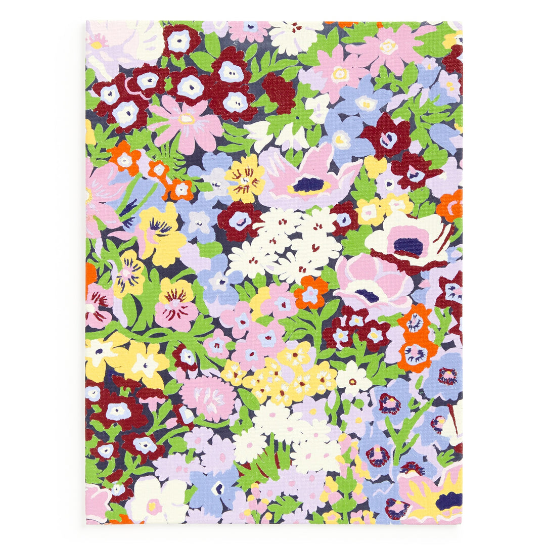 The Liberty London 9 x 12 Paint by Number Kit Thorpe features a vibrant floral design inspired by the Liberty textile archive, showcasing flowers in purple, pink, yellow, red, and green on a white background.