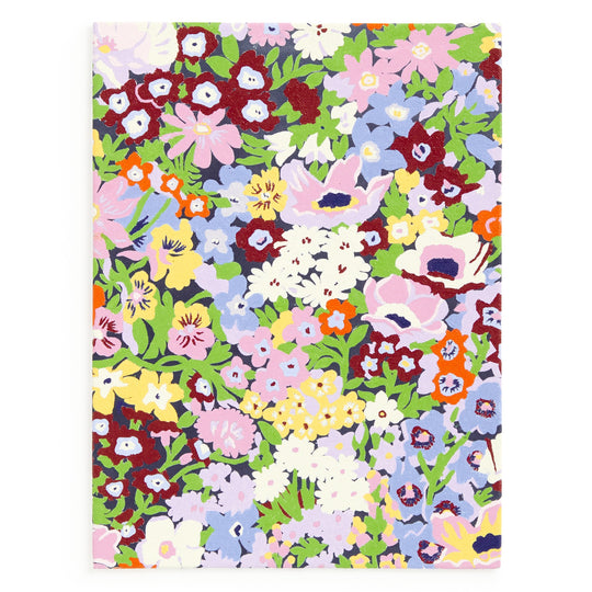 The Liberty London 9 x 12 Paint by Number Kit Thorpe features a vibrant floral design inspired by the Liberty textile archive, showcasing flowers in purple, pink, yellow, red, and green on a white background.