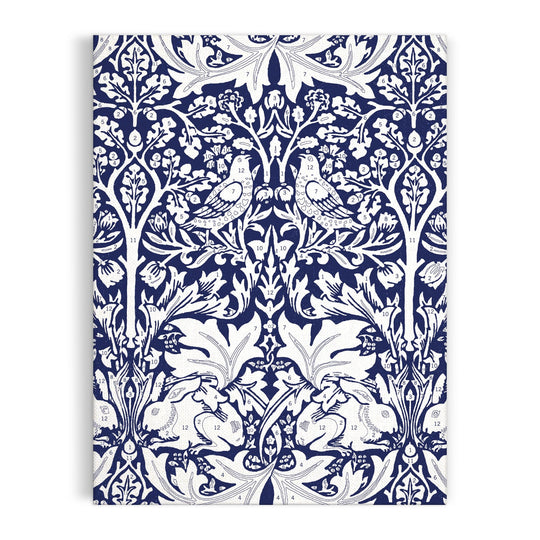 The William Morris Brother Rabbit 9 x 12" Paint by Number Kit features a vintage white-on-blue pattern with two birds on branches and two rabbits among ornate leaves and flowers. Brand: William Morris.