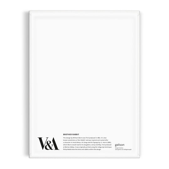 Back of a white rectangular William Morris Brother Rabbit 9 x 12" Paint by Number Kit, with product info and brand logo printed in black at the bottom left corner; the remaining space is blank.