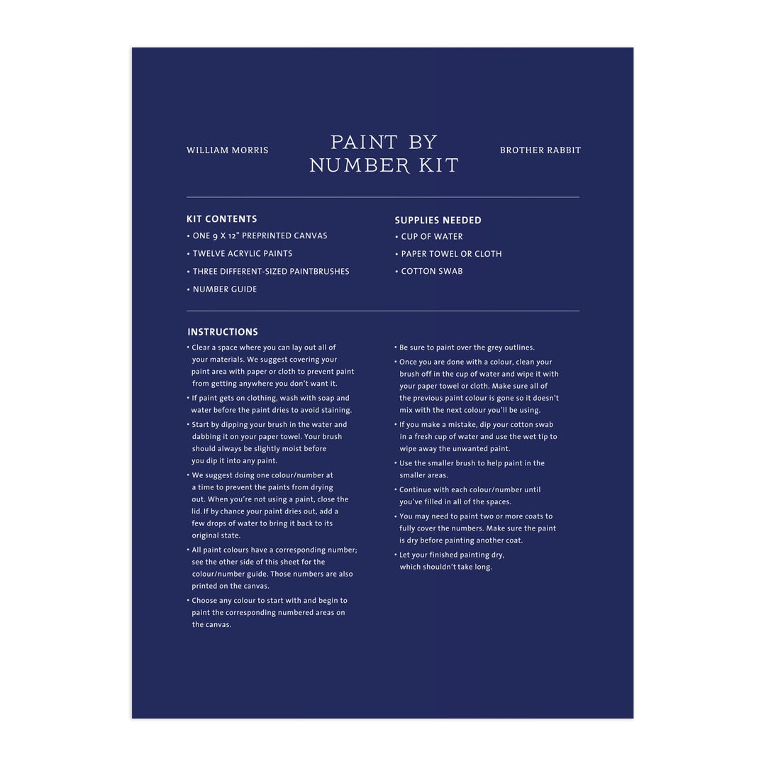 A navy blue instructional sheet titled William Morris Brother Rabbit 9 x 12" Paint by Number Kit, featuring centered white text listing kit contents, supplies needed, and step-by-step instructions. Brand: William Morris.