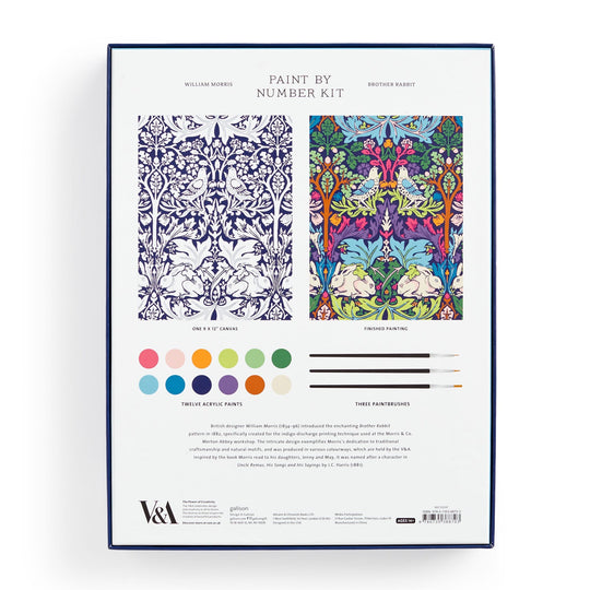Back of the William Morris Brother Rabbit 9 x 12" Paint by Number Kit box shows a blue floral outline and a colorful version with rabbits, plus paint pots, brushes, brand name, and product info below.