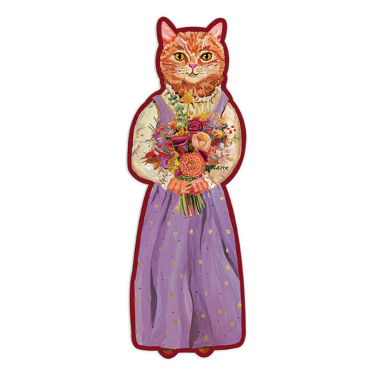 The Cottage Cats Paper Bookmark by Anja Riebensahm features an anthropomorphic orange tabby cat in a long purple dress with yellow stars, holding a bouquet of colorful flowers on a white background.