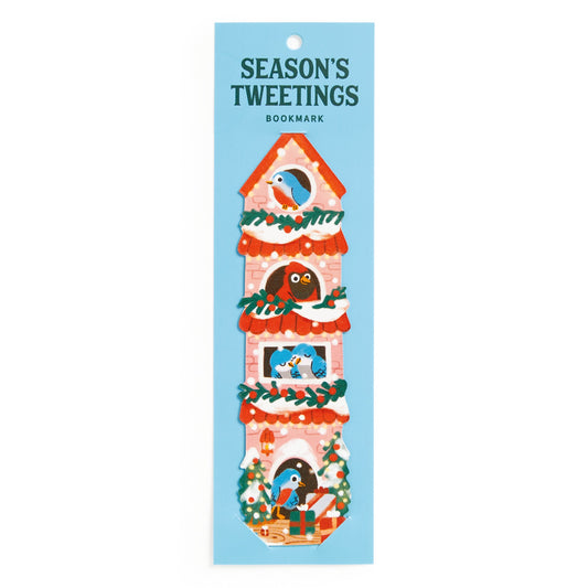 The Seasons Tweetings Paper Bookmark by Éléna Comte features a festive birdhouse with garlands, snow, and four birds—a charming blue holiday accessory for book lovers.