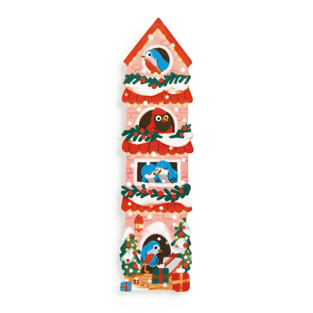 Seasons Tweetings Paper Bookmark by Éléna Comte: a tall pink festive house with garlands, snow, birds in the windows, and gifts at the base—a charming holiday accessory for your reading.