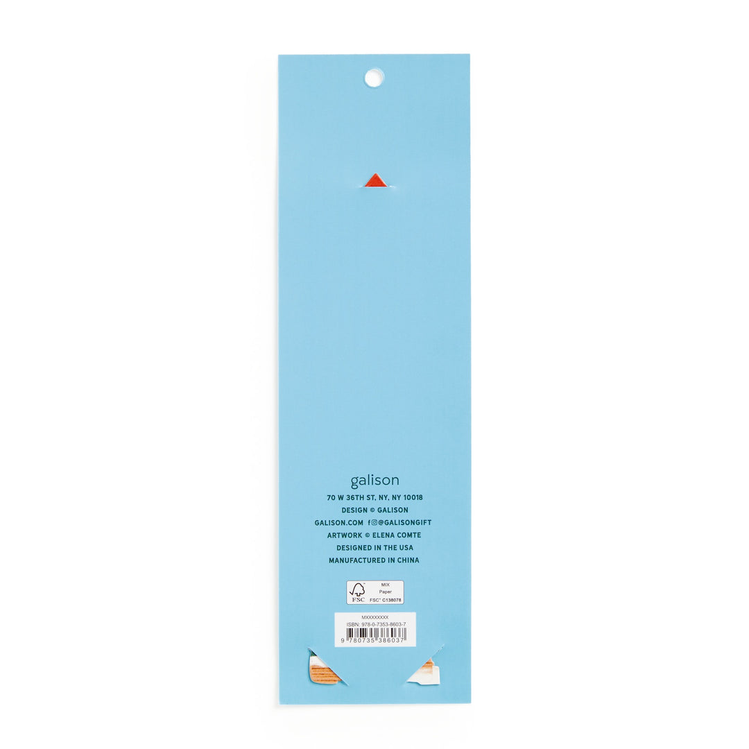 A rectangular blue package for the Seasons Tweetings Paper Bookmark by Éléna Comte, featuring a small orange triangle at the top and white text with manufacturer and contact info on a plain white background. Perfect for festive gifting.