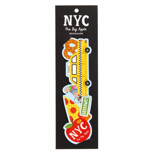 The Big Apple Paper Bookmark by Holly Maguire features NYC icons—a yellow taxi, pretzel, pizza slice, Broadway sign, and a red NYC The Big Apple apple—on a sleek black card with white text.
