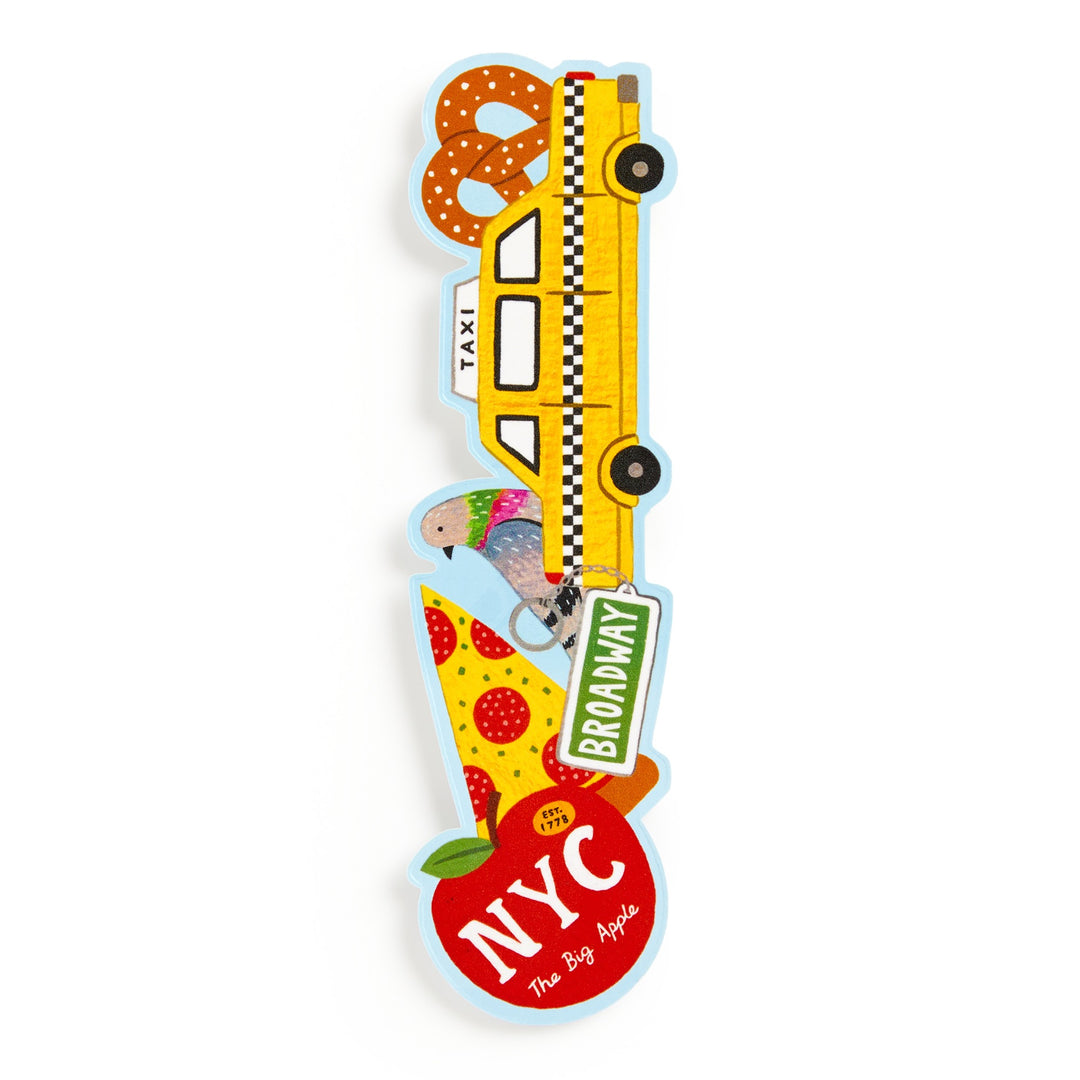 The Big Apple Paper Bookmark by Holly Maguire features a yellow NYC taxi, pretzel, pigeon, Broadway sign, and the Big Apple—perfect for marking your place or celebrating classic New York City landmarks.