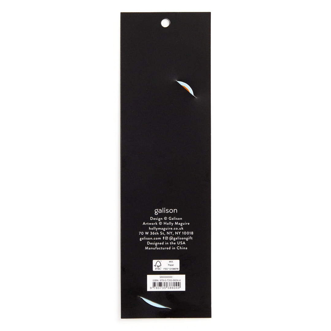A black, rectangular Big Apple Paper Bookmark by Holly Maguire features colorful accents and centered white text with company details, artwork credits, manufacturing info, and a recycling symbol—evoking iconic NYC landmarks.