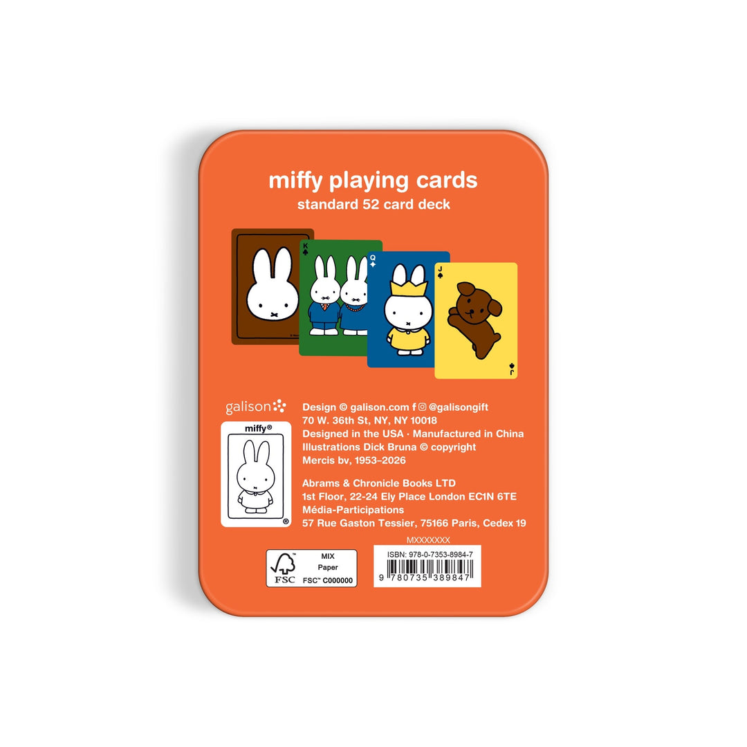 An orange tin box labeled "Miffy Playing Card Deck" from the Miffy brand displays four cartoon cards featuring Miffy the bunny and a brown dog, with branding and manufacturing details shown below.