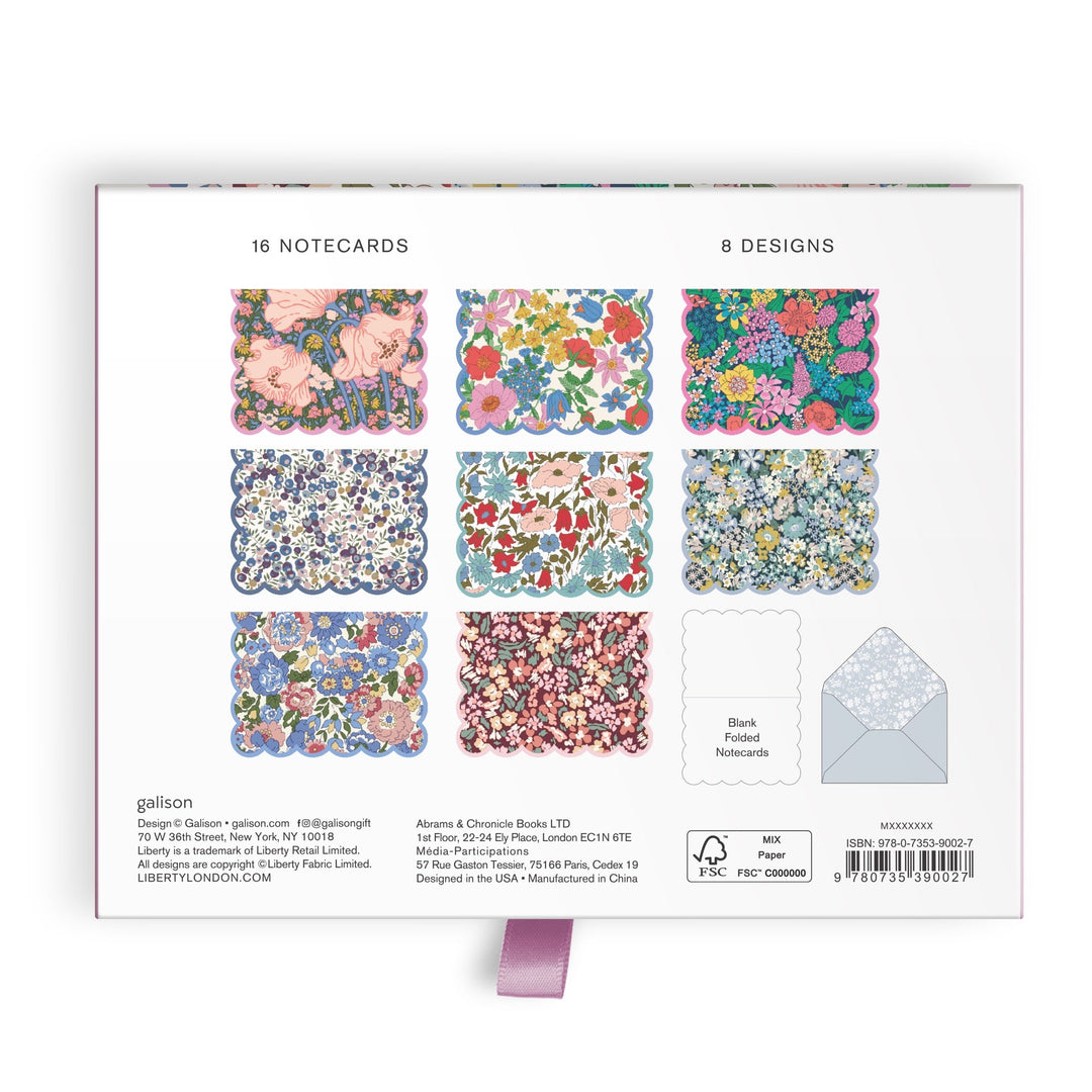 Back of Liberty London’s Liberty Premium Notecard Set showing 16 notecards with 8 floral designs, scalloped edges, and matching envelopes. Includes a preview of the colorful patterns and a blank folded card.