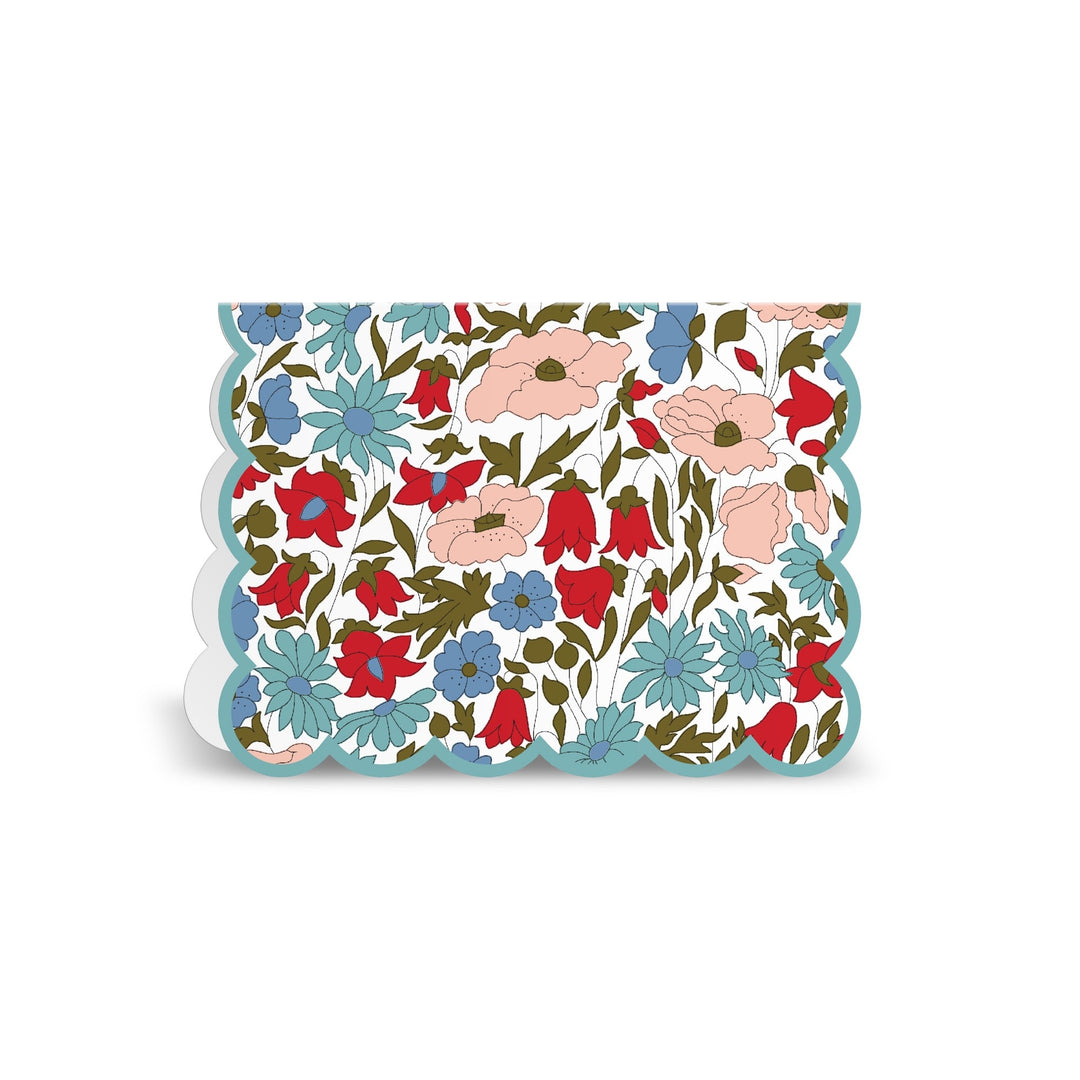 The Liberty London Liberty Premium Notecard Set features scalloped-edge cards adorned with vibrant red, blue, pink, and white florals and green leaves on a white background.