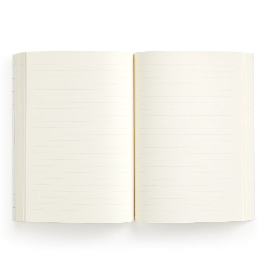 The Cottage Cats A5 Premium Notebook by Anja Riebensahm lies open on a white surface, its blank cream-colored lined pages ready for writing or drawing.