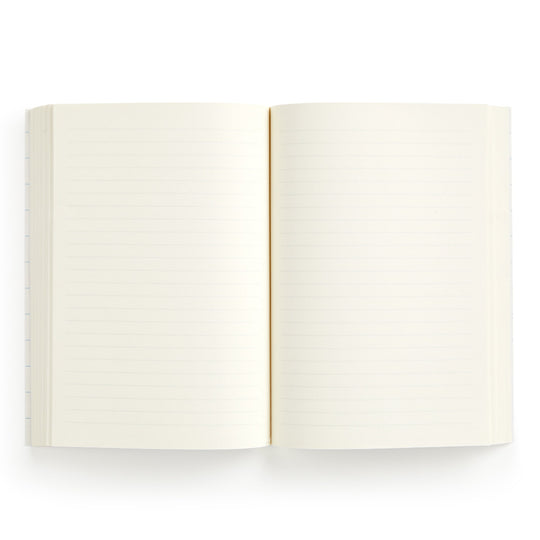 The Cottage Cats A5 Premium Notebook by Anja Riebensahm lies open on a white surface, its blank cream-colored lined pages ready for writing or drawing.