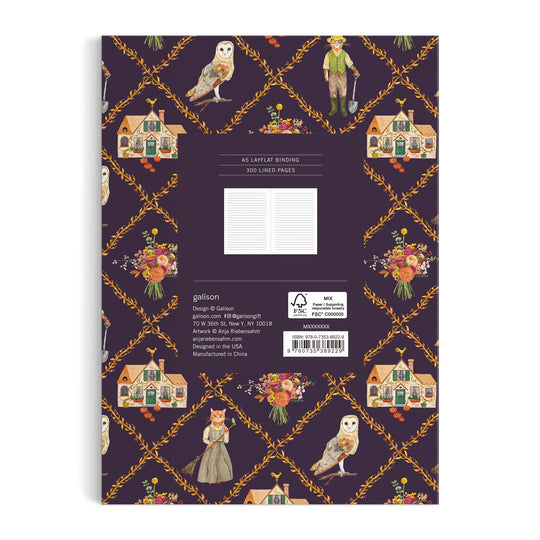 The Cottage Cats A5 Premium Notebook by Anja Riebensahm features a purple back cover adorned with houses, flower bouquets, an owl, vintage-dressed characters, and orange floral garlands.