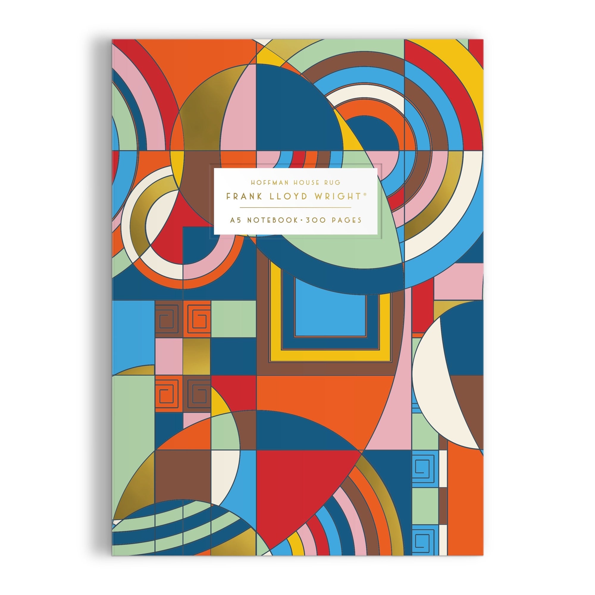 A vibrant cover with geometric abstract shapes in blue, red, yellow, pink, and gold frames a white label reading "Frank Lloyd Wright Hoffman House Premium A5 Notebook" by the Frank Lloyd Wright Foundation.