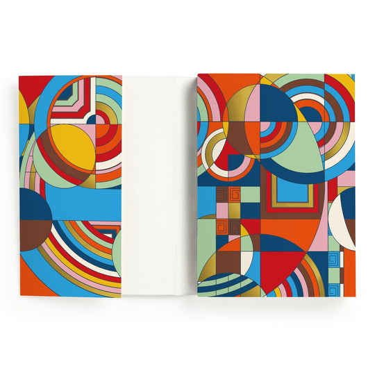 The Frank Lloyd Wright Hoffman House Premium A5 Notebook by the Frank Lloyd Wright Foundation features a geometric abstract cover in vibrant colors with intersecting shapes. Inside, you'll find blank white pages.