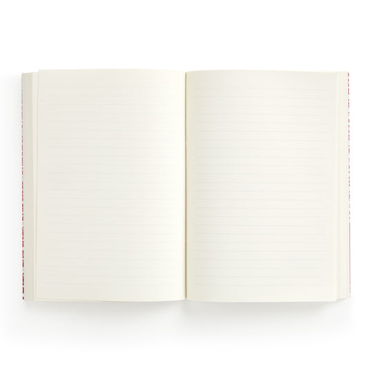 The Liberty London Liberty Nell, Annie and May Premium A5 Notebook is shown open from above, with cream-colored lined and blank pages against a white background.