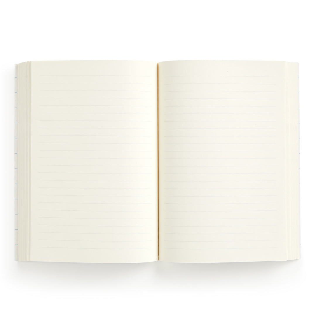 The World of Mushrooms Premium A5 Notebook by Olga Akbarova features blank, cream pages—ideal for notes or sketching mushroom illustrations—shown open from above on a white background.