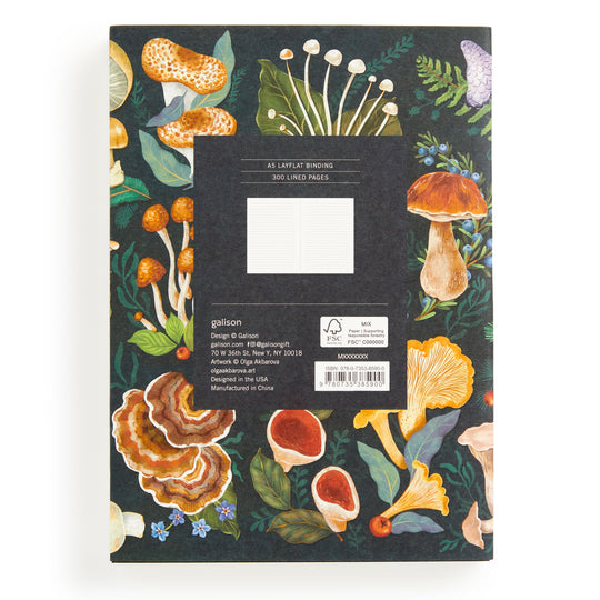 The World of Mushrooms Premium A5 Notebook by Olga Akbarova features mycological illustrations of colorful mushrooms and green leaves on a black cover, with a central label noting 300 lined pages and manufacturer details.