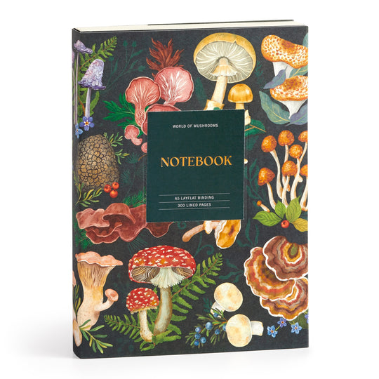 The World of Mushrooms Premium A5 Notebook by Olga Akbarova features a hardcover with vibrant mycological illustrations on a dark background, 320 lined pages, layflat binding, and World of Mushrooms Notebook on the cover.